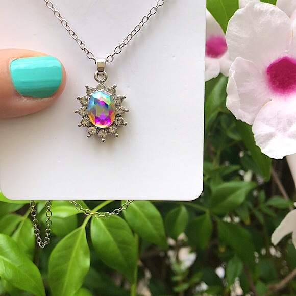 Aurora Borealis Crystal Halo Drop Necklace - Picture 3 of 9